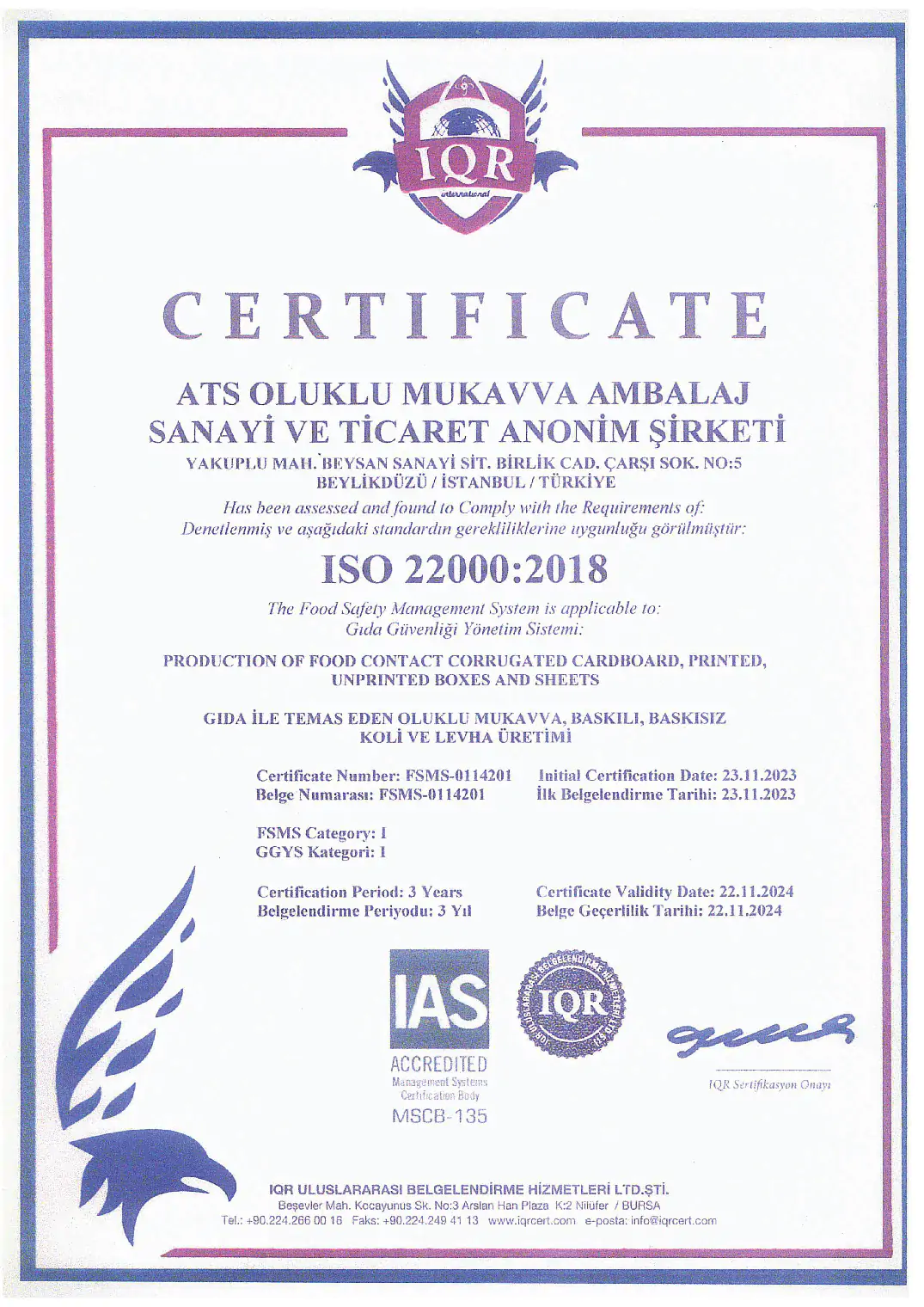 Belge ve Sertifikalarımız | ATS OLUKLU MUKAVVA AMBALAJ SAN. A.Ş.